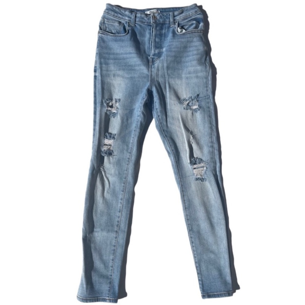 Forever 21 all blue denim stretch distressed butterfly buttons skinny jeans